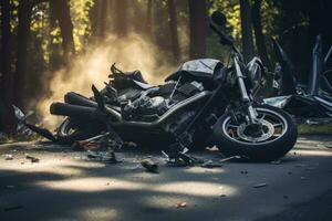 roto motocicleta en el la carretera después un coche accidente en el bosque, motocicleta bicicleta accidente y coche chocar, roto y destrozado moto en camino, ai generado foto