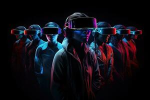 Group of young people in virtual reality headsets on dark background. 3D rendering, Modern people wearing VR headsets and standing, With hologram effect, full face, AI Generated photo