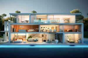 Interior of a modern house with a swimming pool. 3d rendering, Modern home cross section, 3d rendering, AI Generated photo