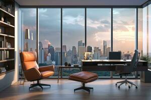 Luxury office interior with city view. 3D Rendering, Modern home office interior with furniture, computer and city view. 3D Rendering, AI Generated photo