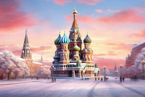 S t. albahaca catedral en rojo cuadrado en Moscú, Rusia, Moscú, Rusia, rojo cuadrado, ver de S t. albahaca catedral, ruso invierno, ai generado foto