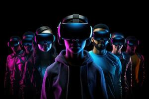Group of young people in virtual reality headsets on black background. 3D rendering, Modern people wearing VR headsets and standing, With hologram effect, full face, AI Generated photo