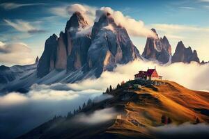 hermosa verano paisaje en el dolomitas, Italia. amanecer, montañas en niebla con hermosa casa y Iglesia a noche en otoño. paisaje con alto rocas, azul cielo con luna, ai generado foto