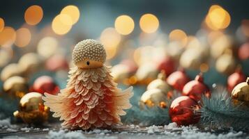 ángel juguete con Navidad decoración en bokeh antecedentes. ai generado. foto