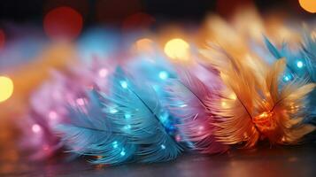 Multi-colored feathers decorate celebrations and holidays, light background. Ai Generated. photo