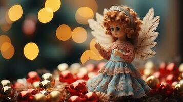 Angel with Christmas decoration on bokeh background. Ai Generated. photo
