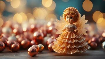 Angel with Christmas decoration on bokeh background. Ai Generated. photo