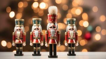 Traditional Wooden Nutcracker decoration on bokeh background. Ai Generated. photo