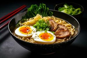 Japanese ramen noodle with roast duck and egg on black background, Miso Ramen Asian noodles with egg, pork and pak choi cabbage in bowl on dark background, AI Generated photo