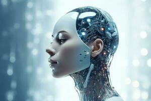 3D rendering of a female cyborg in front of a blue background, Modern AI robot close up view portrait on a digital background, AI Generated photo