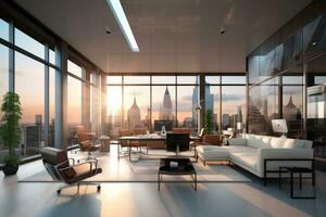 3D rendering of a modern living room with a panoramic window overlooking the city, modern business office interior, 3d rendering, AI Generated photo