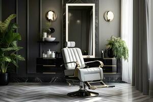 Stylish barber shop interior with armchair and mirror. 3D Rendering, Modern and elegant interior design of professional beauty salon and spa with luxury styling chair, AI Generated photo