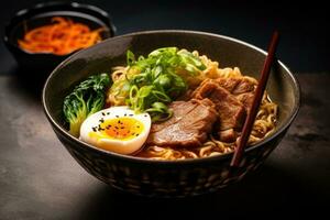 japanese ramen noodle with pork and egg on dark background, Miso Ramen Asian noodles with egg, pork and pak choi cabbage in bowl on dark background, AI Generated photo