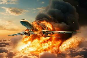 Airplane in a blast of smoke. 3D illustration. Conceptual image, Military jet on fire, AI Generated photo