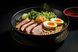 Japanese ramen noodle with roast duck and egg on black background, Miso Ramen Asian noodles with egg, pork and pak choi cabbage in bowl on dark background, AI Generated photo