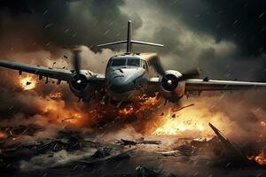 Airplane in a stormy sky. 3d render illustration, Military Plane Crashes In A Storm, AI Generated photo