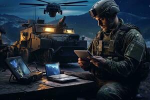 Military man working with tablet computer on the table. Military concept, Mobile military base, soldier engineer transmits aerial pictures and data from drone to artillery, AI Generated photo