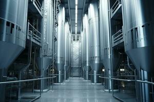 Modern interior of a brewery. Blue toned image with copy space, Modern Granary elevator. Silver silos on agro-processing and manufacturing plant , AI Generated photo