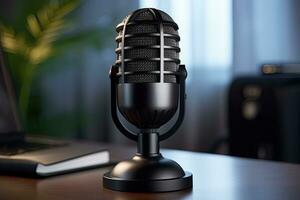 Microphone on the table in the office. 3d rendering, Mini desktop mic for gaming, AI Generated photo