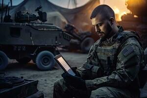 Portrait of a young soldier in military uniform sitting on the ground with a tablet computer, Mobile military base, soldier engineer transmits aerial pictures and data from drone, AI Generated photo