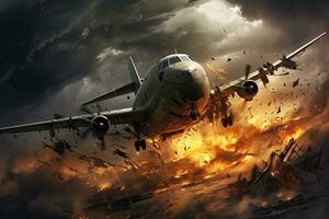 Airplane in the fire. 3d illustration. Conceptual image, Military Plane Crashes In A Storm, AI Generated photo