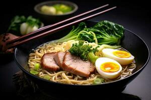 japonés ramen fideos con Cerdo y huevo en negro fondo, miso ramen asiático tallarines con huevo, Cerdo y pak choi repollo en cuenco en oscuro fondo, ai generado foto