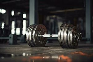 Dumbbells on the floor in a gym. 3d rendering, Metal dumbbells lying on the gym fitness club, AI Generated photo