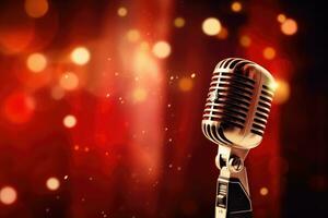 Retro microphone on stage with bokeh background, close up, Microphone for singer music background with spot lighting, AI Generated photo