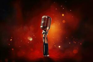 Retro microphone on stage with smoke and fire background. 3d rendering, Microphone for singer music background with spot lighting, AI Generated photo