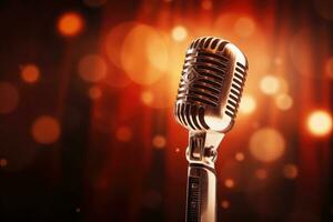 Retro microphone on stage with bokeh background. Music concept, Microphone for singer music background with spot lighting, AI Generated photo