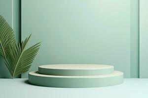 3d render of minimal geometric forms, podium for your design, Minimal scene with podium and abstract background. Pastel blue and green colors scene, AI Generated photo