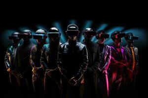 Group of people wearing virtual reality goggles on dark background. 3D rendering, Modern people wearing VR headsets and standing, With hologram effect, full face, AI Generated photo
