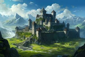 Fantasy landscape with medieval castle and mountains. Digital painting illustration, Medieval stronghold castle with hills, mountains, green fields, AI Generated photo