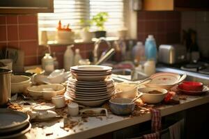 sucio platos en el mesa en el cocina. el concepto de tareas del hogar, lío en cocina. cocina interior con pila de sucio platos después cena, ai generado foto