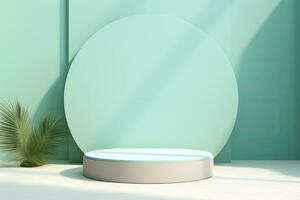 3d render of minimal geometric forms, podium for your design, Minimal scene with podium and abstract background. Pastel blue and green colors scene, AI Generated photo