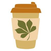 Fragrant coffee in a paper cup. Flat vector illustration. Autumn hot sweet drink. Chestnut leaf on a glass with cappuccino or latte to go. Cute cartoon of Warming beverage for Menu, Flyer, Sticker.