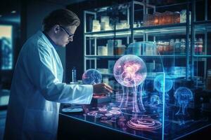 scientist working with science experiments in laboratory. 3d rendering double exposure, Medical Healthcare Research and Development Concept, AI Generated photo