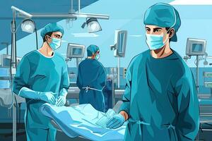 Surgeons team in operating room. Vector illustration in cartoon style, Medical doctor ER team, surgeon and anesthetist on medical clinic room background, AI Generated photo