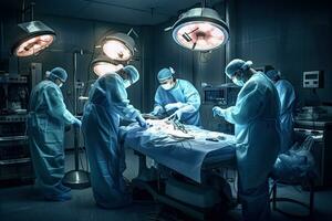 group of veterinarian surgery in operation room take with art lighting and blue filter, Medical Team Performing Surgical Operation in Modern Operating Room, AI Generated photo