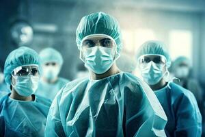 Team surgeon at work in operating room. Group of surgeons in operating theater, Medical doctor ER team, surgeon and anesthetist on medical clinic room background, AI Generated photo