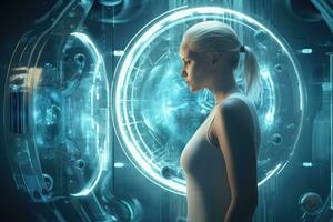 Attractive blonde woman looking at hologram screen. 3D rendering, Medical Healthcare Research and Development Concept, AI Generated photo