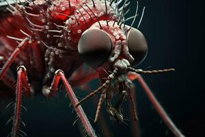 3d representación de un rojo mosquito en un oscuro antecedentes. macro, microscópico imagen de un mosquito, ai generado foto