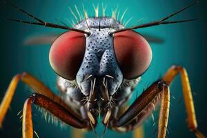 macro Disparo de el cabeza de un volar. 3d representación, microscópico imagen de un mosquito, ai generado foto