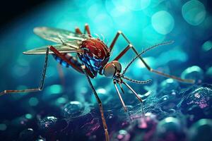 Mosquito on the colorful background. 3d illustration. Macro, microscopic image of a mosquito, AI Generated photo