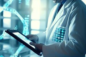 Close up of doctor holding tablet pc with glowing medical interface. Medicine and healthcare concept. Double exposure, Medicine doctor touching electronic medical record on tablet. DNA, AI Generated photo