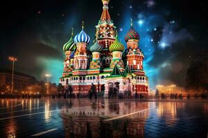 St. Basil's Cathedral on Red Square in Moscow, Russia, Moscow St. Basil's Cathedral Night Shot, AI Generated photo