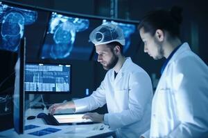 Two doctors looking at x-ray image of lungs in a hospital, The Doctor of Medical Sciences works in a laboratory with a biological apparatus for analysis and sampling, top section, AI Generated photo