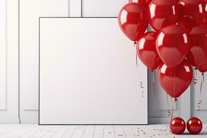 blanco póster en interior con rojo globos 3d representación, burlarse de arriba póster en interior antecedentes con rojo globos, ai generado foto