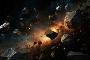 3d ilustración de un meteorito que cae dentro el espacio. el concepto de espacio exploración, meteorito explosiones, fragmentos y piezas de piedras, ai generado foto