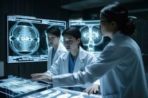 dos asiático doctores que se discute radiografía imagen en el hospital habitación, el médico de médico ciencias trabajos en un laboratorio con un biológico aparato para análisis y muestreo, parte superior sección, ai generado foto
